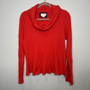 Anthropologie Maeve Ribbed Sweater Winterscape Peplum Cowl Neck Orange Medium
